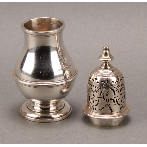 1497 - A pair of unusual George I silver pear shaped casters, knop finials, the bell shaped covers with rar... 