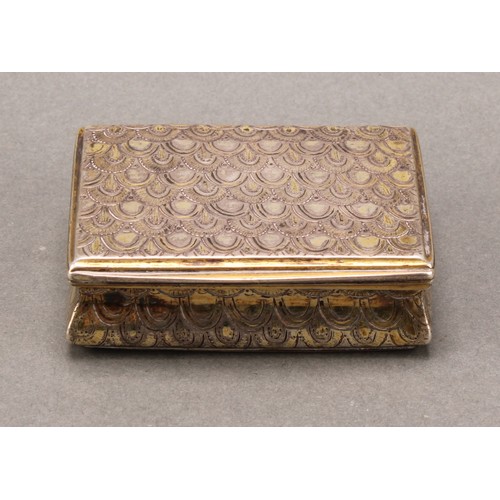 443 - An 18th century Continental silver-gilt waisted rectangular snuff box, chased overall with 'snake sk... 