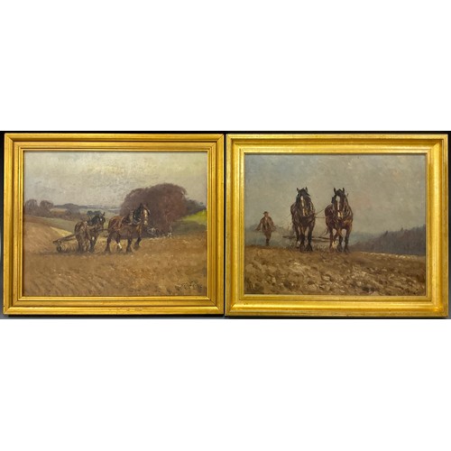 753 - George Leon Little (1862-1941)
A pair, The Two Horse Plough and The Ploughing Team 
signed, oil on b... 