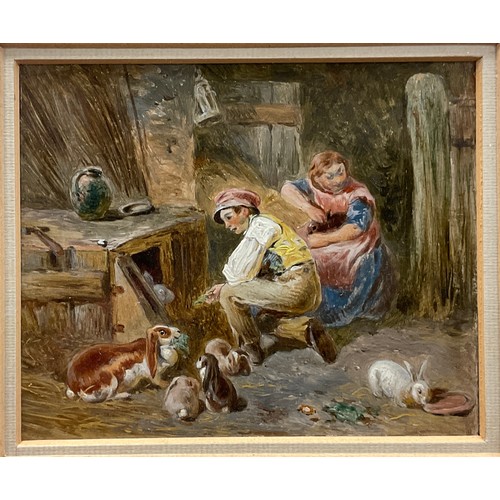 891 - English School (19th century) 
Tending the Rabbits 
unsigned, oil on board, 10cm x 12cm