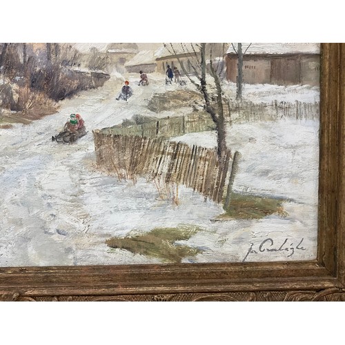 796 - ** Cranleigh (English School, 19th/20th century) 
Children Tobogganing 
signed, oil on canvas, 49cm ... 