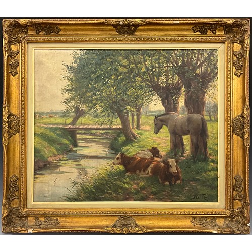 873 - Albert Caullet (1875-1950) 
Cattle and Horse in a River Landscape 
signed, oil on canvas, 48.5cm x 5... 