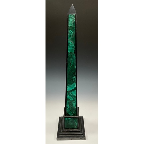 2113 - A granite obelisk, the façade inlaid with malachite, stepped square base, 76cm high overall