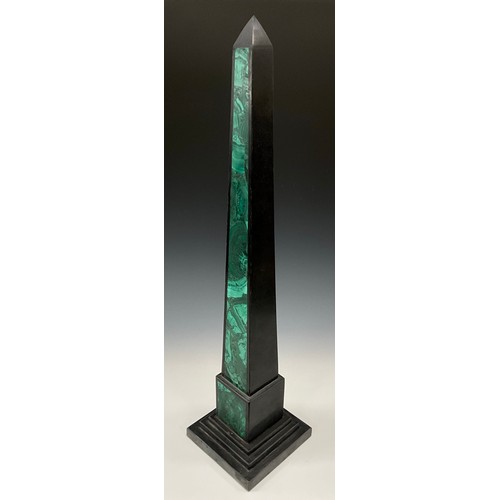 2113 - A granite obelisk, the façade inlaid with malachite, stepped square base, 76cm high overall