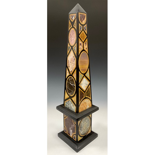 2108 - A granite and pietra dura obelisk, inlaid with Siena marble, onyx, and other precious stones, square... 