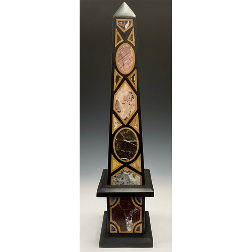 2108 - A granite and pietra dura obelisk, inlaid with Siena marble, onyx, and other precious stones, square... 