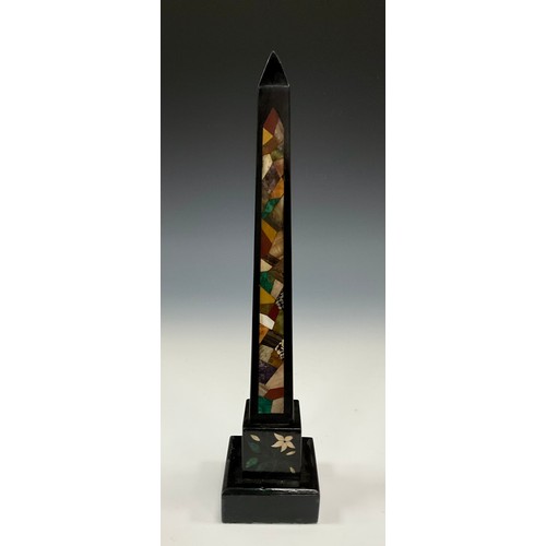 1882 - An Ashford marble and pietra dura ebonised obelisk, in the Grand Tour manner, square base, 31cm high