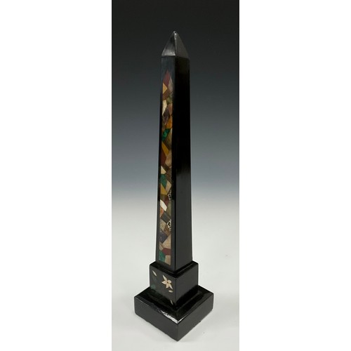 1882 - An Ashford marble and pietra dura ebonised obelisk, in the Grand Tour manner, square base, 31cm high