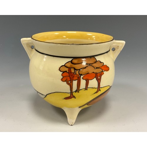 1199 - A Clarice Cliff Bizarre Coral Firs pattern cauldron vase, painted with orange trees, angular lug han... 