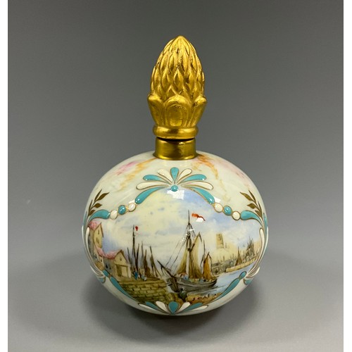 1218 - A Lynton porcelain globular scent bottle, painted by Stefan Nowacki, monogrammed, with a ship in har... 