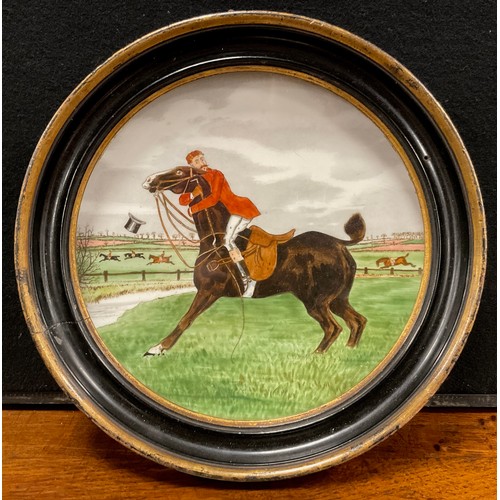 1240 - A Victorian circular porcelain plaque, The Bolting Horse, unsigned, watercolour, 20cm diameter, gilt... 