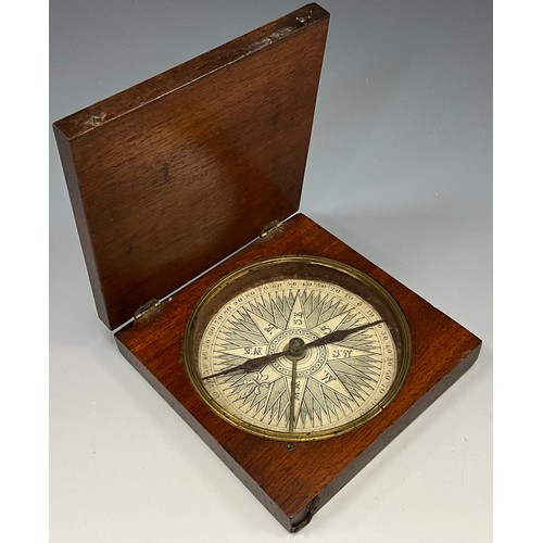 1801 - A 19th century mahogany square cased compass, the paper dial mounted with blue hands, hinged cover c... 