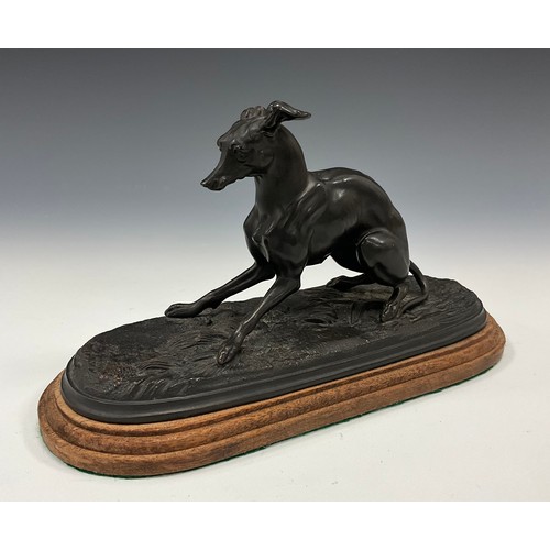 1645 - A dark patinated figural bronze, as a greyhound skidding to a stop, softwood base, 14.5cm high, 25cm... 