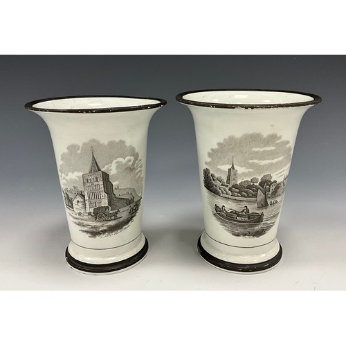 1221 - A pair of George IV porcelain vases, of tapering cylindrical form, flared rims above transfer prints... 