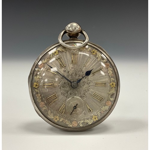 512 - A Victorian silver cased open face pocked watch, machined silver dial, the blue hands rotating on a ... 