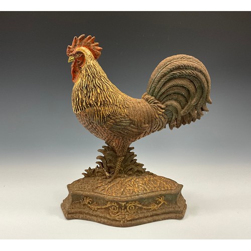 1513 - A 19th century cast iron novelty door stop, of a cockerel, painted in polychrome, acanthus base, 35c... 