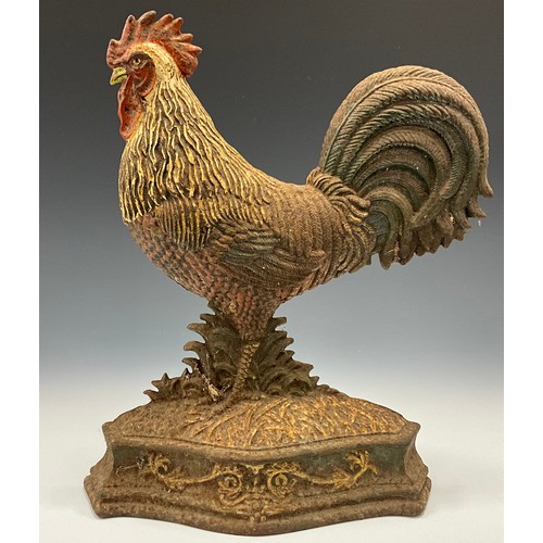 1513 - A 19th century cast iron novelty door stop, of a cockerel, painted in polychrome, acanthus base, 35c... 