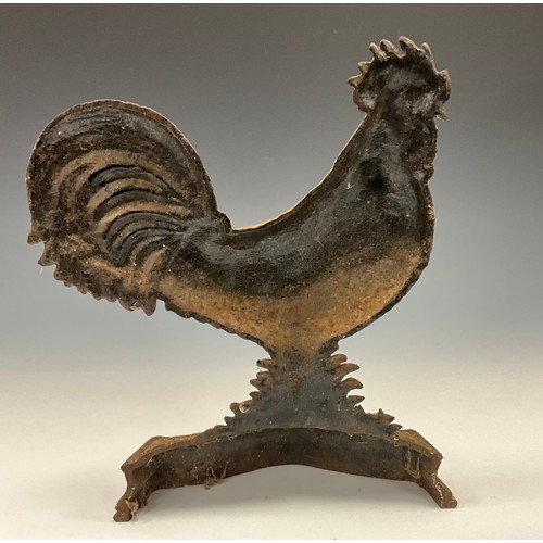 1513 - A 19th century cast iron novelty door stop, of a cockerel, painted in polychrome, acanthus base, 35c... 