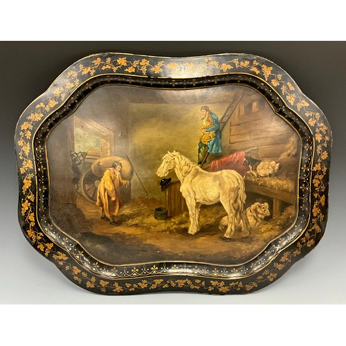 1867 - A Victorian shaped oval papier mache tray, the central well hand-painted with the interior of a barn... 