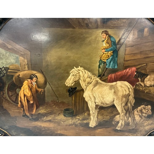 1867 - A Victorian shaped oval papier mache tray, the central well hand-painted with the interior of a barn... 