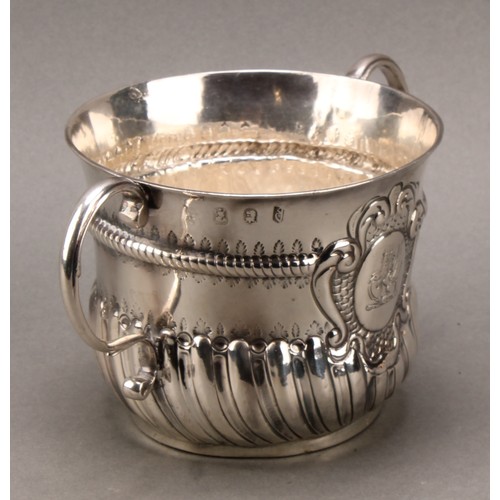 160 - A Queen Anne Britannia silver half-fluted porringer, scroll handles, rope-twist quarter girdle, 17.5... 