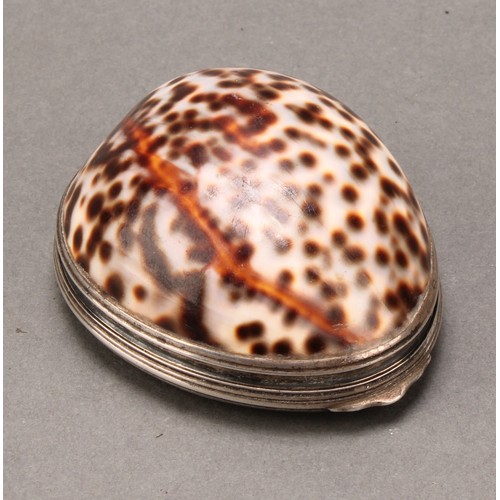 72 - A George III silver mounted cowrie shell snuff box, hinged cover, gilt interior, 8cm long, maker's m... 