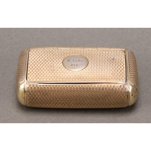 349 - A George III silver-gilt snuff box, engine turned, hinged cover, 7cm wide, Joseph Willmore, Birmingh... 