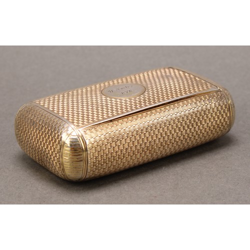 349 - A George III silver-gilt snuff box, engine turned, hinged cover, 7cm wide, Joseph Willmore, Birmingh... 