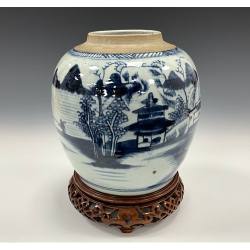 1383 - A 19th century Chinese underglaze blue and white ginger jar, painted with an oriental landscape of m... 