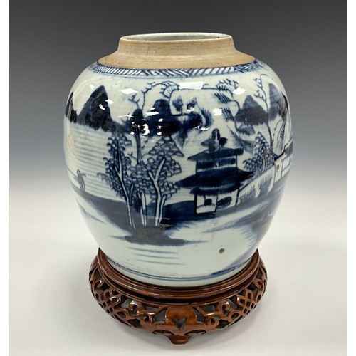 1383 - A 19th century Chinese underglaze blue and white ginger jar, painted with an oriental landscape of m... 