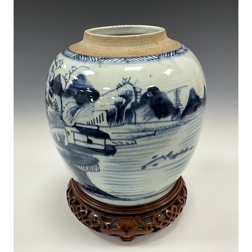 1383 - A 19th century Chinese underglaze blue and white ginger jar, painted with an oriental landscape of m... 