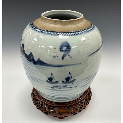 1383 - A 19th century Chinese underglaze blue and white ginger jar, painted with an oriental landscape of m... 