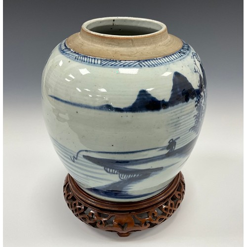 1383 - A 19th century Chinese underglaze blue and white ginger jar, painted with an oriental landscape of m... 