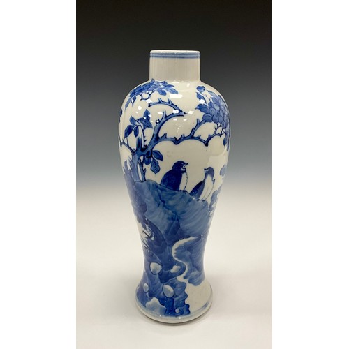 1381 - A 19th century Chinese Meiping form vase, under-painted blue and white decoration, with pair of swal... 