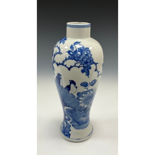 1381 - A 19th century Chinese Meiping form vase, under-painted blue and white decoration, with pair of swal... 