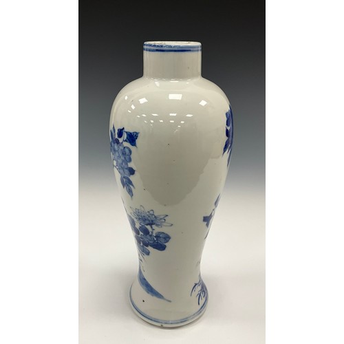 1381 - A 19th century Chinese Meiping form vase, under-painted blue and white decoration, with pair of swal... 