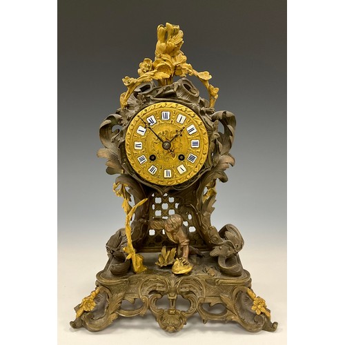 1718 - A early 19th century French bronze and ormolu mantel clock, twin holes, mechanical movement, enamel ... 