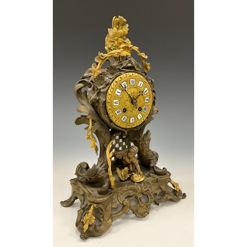 1718 - A early 19th century French bronze and ormolu mantel clock, twin holes, mechanical movement, enamel ... 