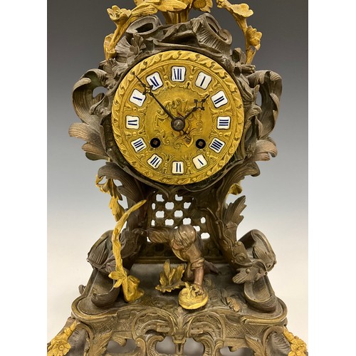 1718 - A early 19th century French bronze and ormolu mantel clock, twin holes, mechanical movement, enamel ... 