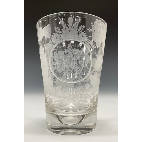 1356 - A 19th century drinking glass, the bowl etched with stylized roses, thorns and fruit vines, 13cm hig... 