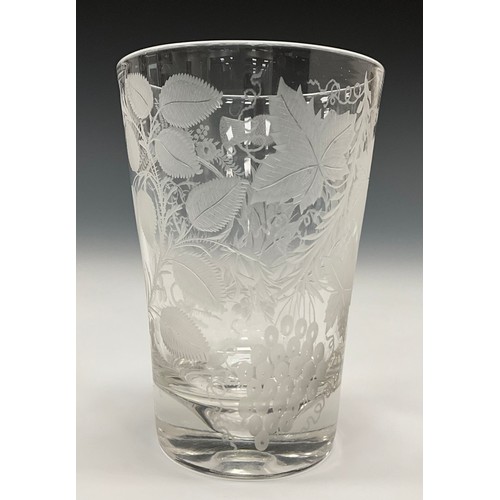 1356 - A 19th century drinking glass, the bowl etched with stylized roses, thorns and fruit vines, 13cm hig... 