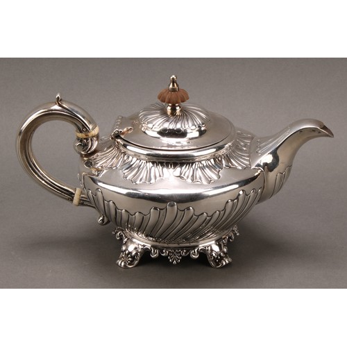 99 - A William IV silver teapot, embossed collar and sides, scrolled handle, floral frieze, John Fry II, ... 