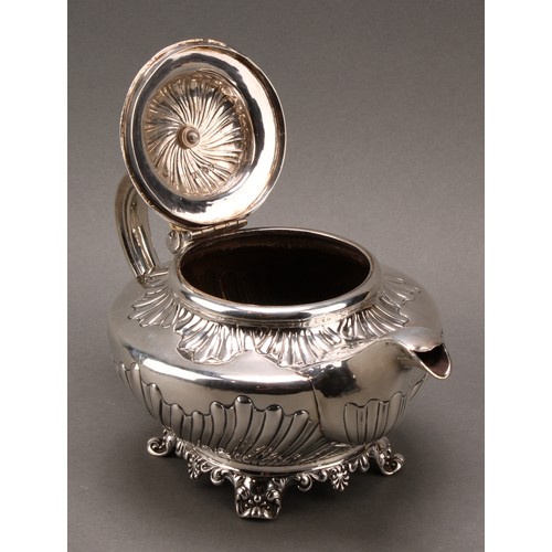 99 - A William IV silver teapot, embossed collar and sides, scrolled handle, floral frieze, John Fry II, ... 