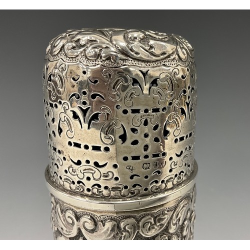 283 - A Victorian silver sugar caster, embossed and chased with scrolls and floral sprays, Horace Woodward... 