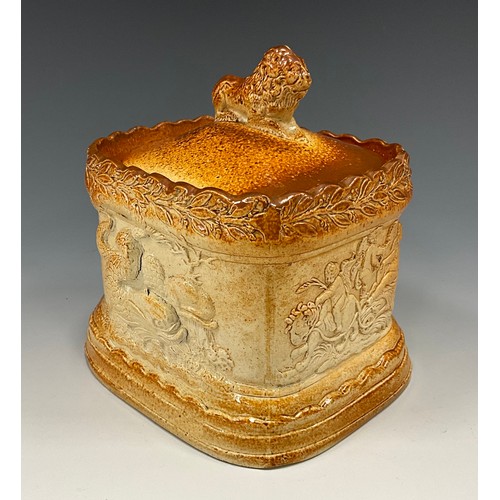 1178 - A 19th century Brampton salt glazed stoneware tobacco jar and cover, of rounded rectangular form, re... 