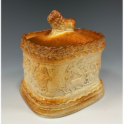 1178 - A 19th century Brampton salt glazed stoneware tobacco jar and cover, of rounded rectangular form, re... 