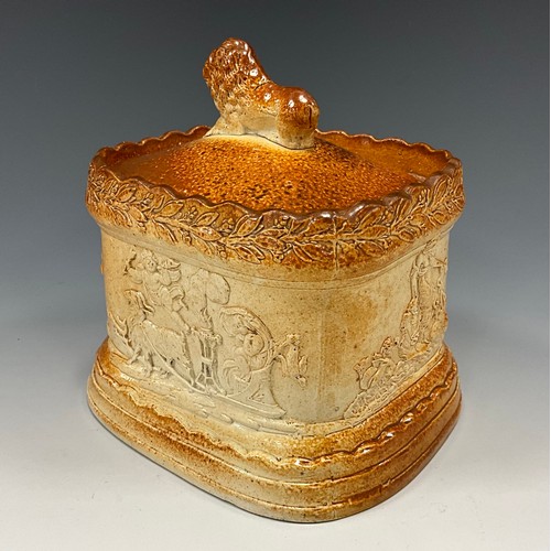 1178 - A 19th century Brampton salt glazed stoneware tobacco jar and cover, of rounded rectangular form, re... 