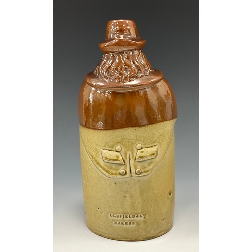 1185 - A 19th century Oldfield & Co. salt glazed stoneware flask, Old Tom, he sits on a barrel with ale cup... 