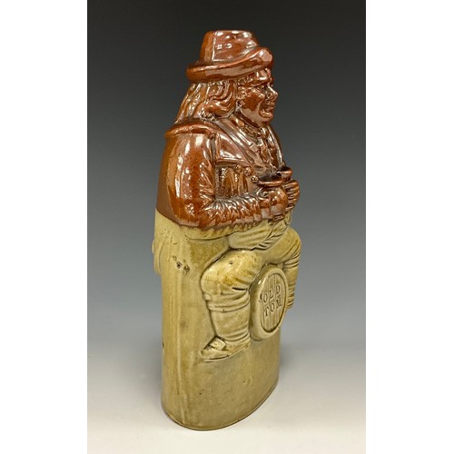 1185 - A 19th century Oldfield & Co. salt glazed stoneware flask, Old Tom, he sits on a barrel with ale cup... 