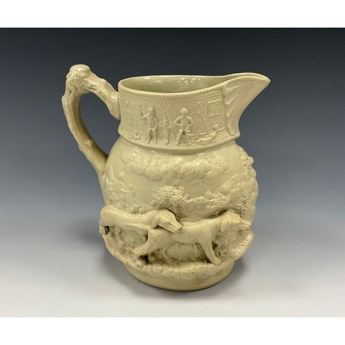 1182 - A 19th century C. J. Mason stoneware jug, To Ho, moulded in grey relief with pointer dogs, after Edw... 